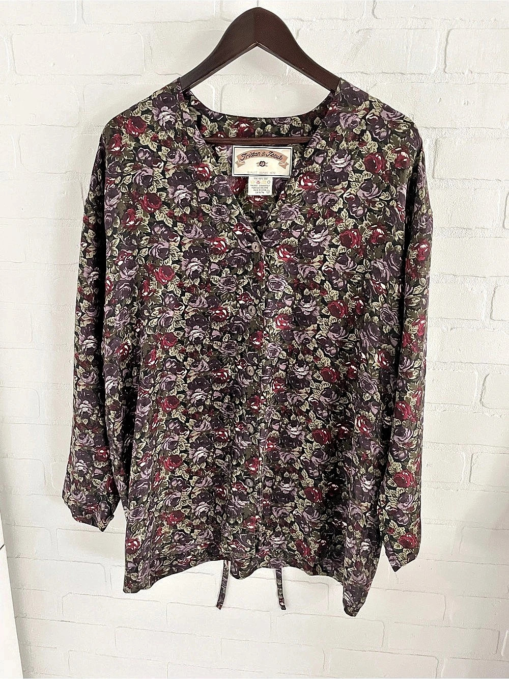 Tristan & Iseut Vintage 90s Silk Rose Print Tie Back Blouse Oversized Sz S - Picture 7 of 16